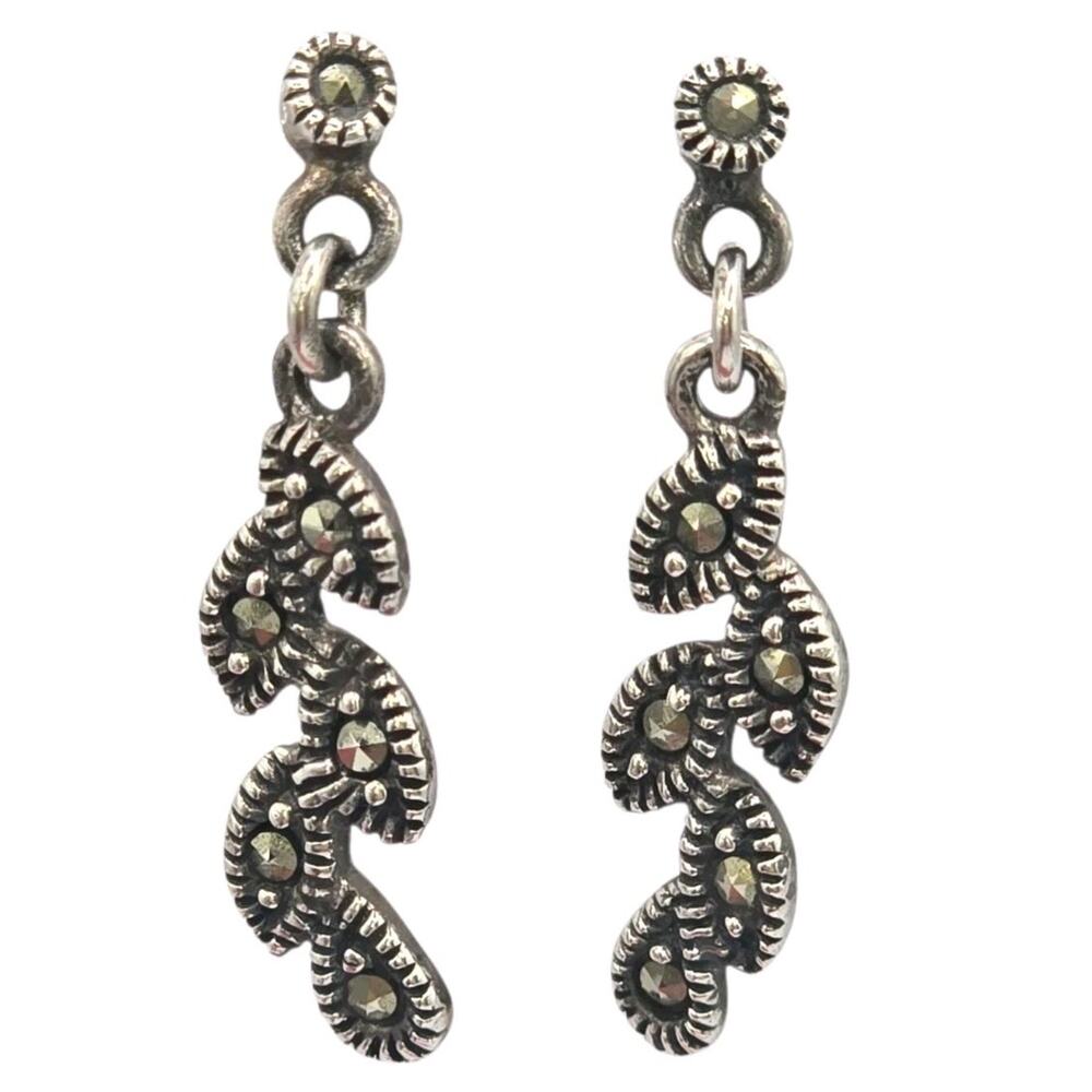 Earrings Marcasite Cascade Leaf Vine Design Sterling Signed Charles Winston CW